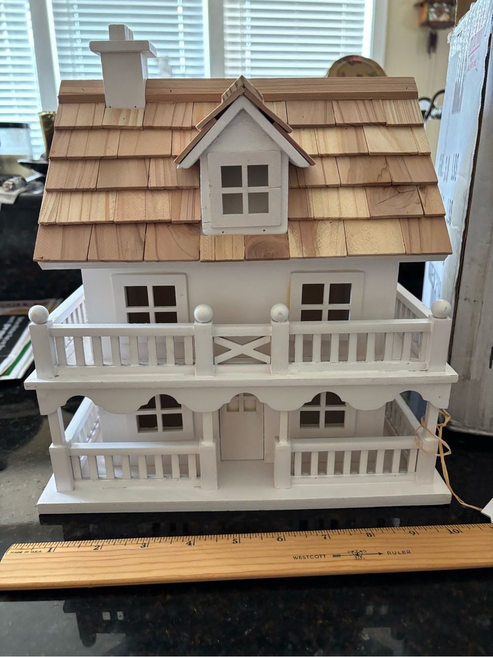 White Wooden Country Cottage Birdhouse with Natural Wood Shingle Roof